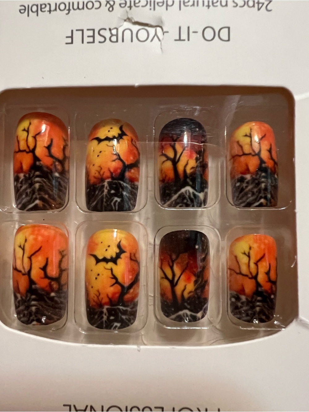 Halloween Sunset Press-On Nails — Orange & Black Tree Design